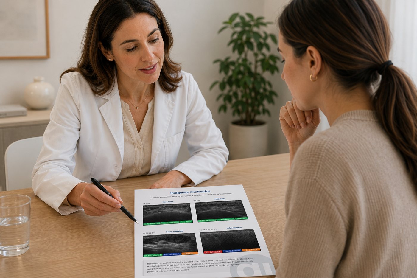 Médica revisando un informe junto a la paciente en consulta