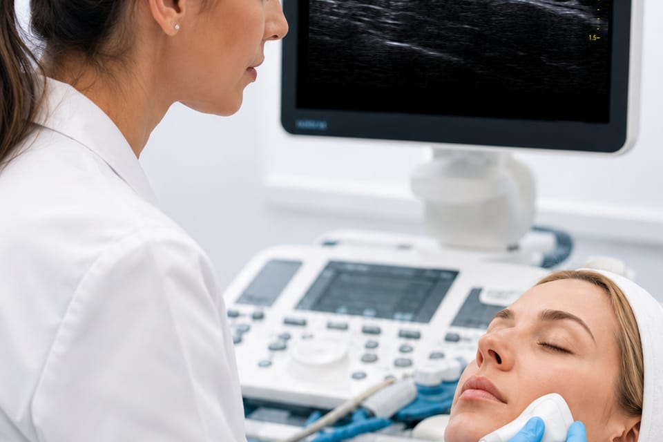 Profesional sanitaria realizando una ecografía facial a una paciente