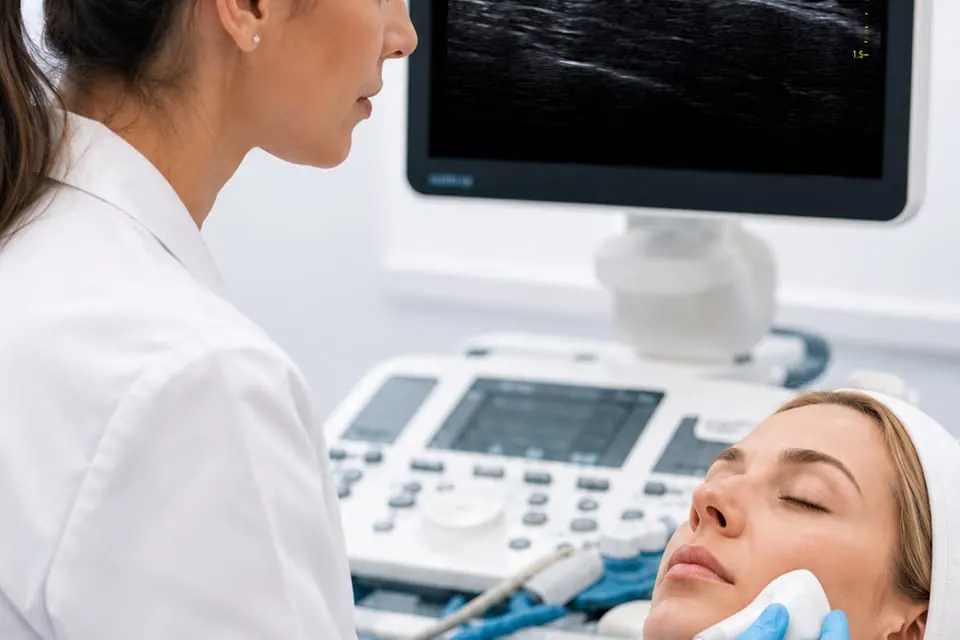 Profesional sanitaria realizando una ecografía facial a una paciente